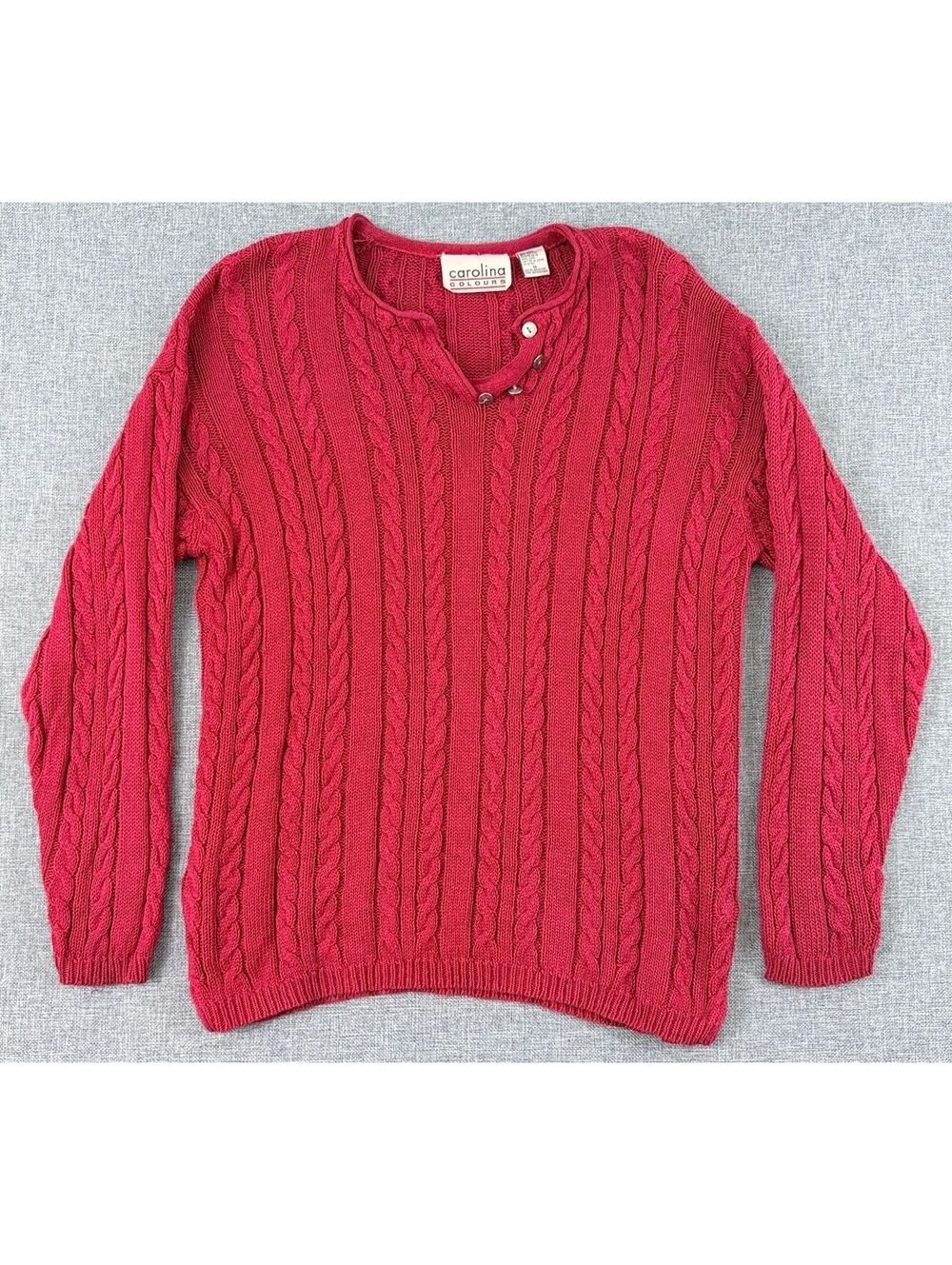 Vintage 1990s Carolina Colours Women's Red Cable Knit Henley Sweater Size M